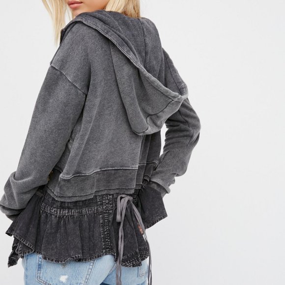 Free People NWT Medium When Worlds Meet Hoodie Jacket Washed Black Grey Hooded - Picture 1 of 6